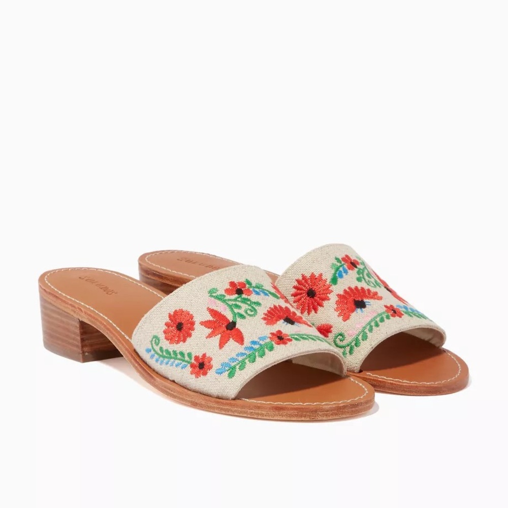 Soludos Embroidered Floral Slide Sandals in Natural with Red & Green